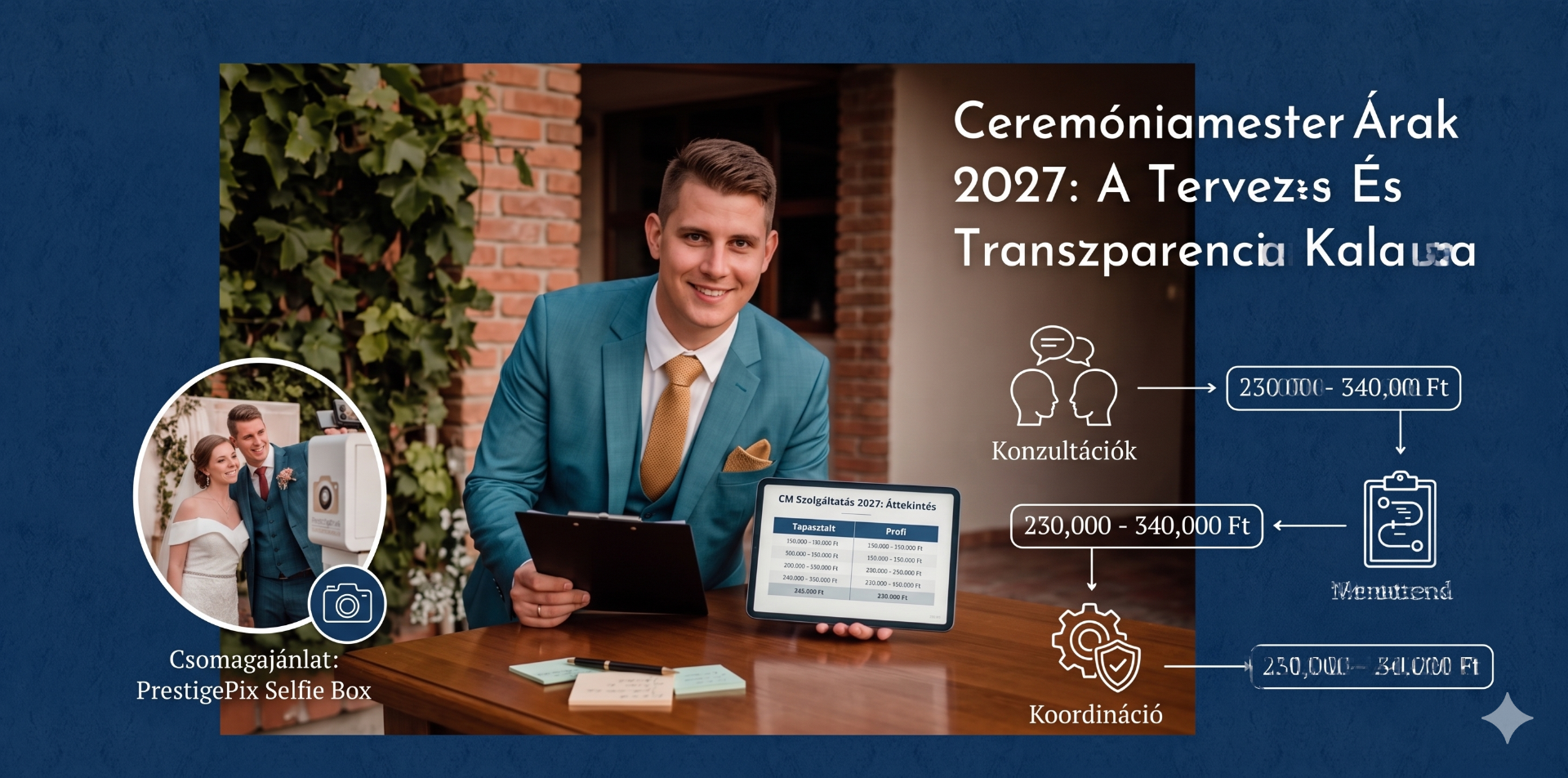 Ceremóniamester árak 2027-ben: Kemény Sándor táblagépen mutatja az esküvői szolgáltatások költségeit, mellette a PrestigePix szelfigép csomagajánlatával.
